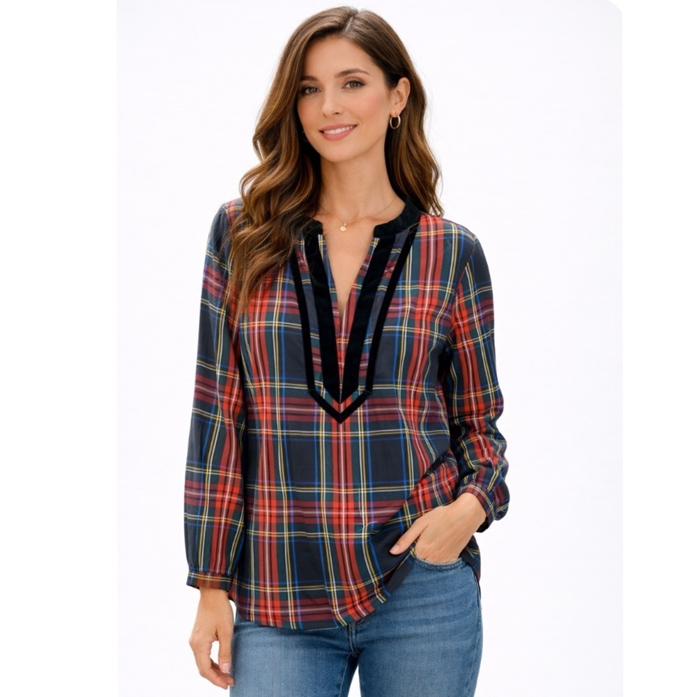 NWT J. CREW | Black Velvet Trimmed V-Neck Tunic in Stuart Tartan Plaid Sz. Large